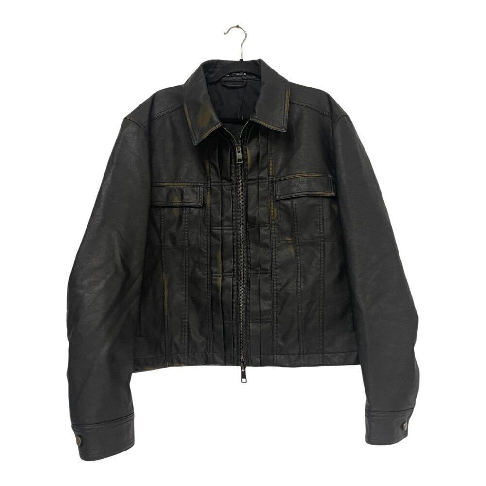 Zara Mens faux Leather Bomber Biker Jacket Coat L Large Black Full Zip NWOT